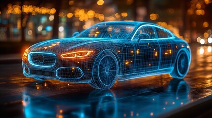 Fototapeta premium A glowing holographic interface depicting a car is showcased on a lively street at night, illustrating advanced management and booking functionalities.