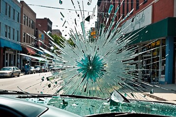 The haunting image of shattered glass from a car window reflecting the chaos of an accident