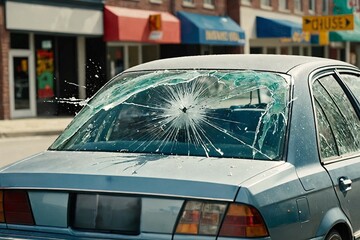 Obraz premium A dynamic shot of a car's rear window shattering from a sudden impact during a chase
