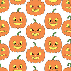 Pumpkin. Orange Halloween symbols. Vegetables with different faces. Seamless vector pattern. Endless Halloween ornament on a colorless background. Jack-o'-lantern. 