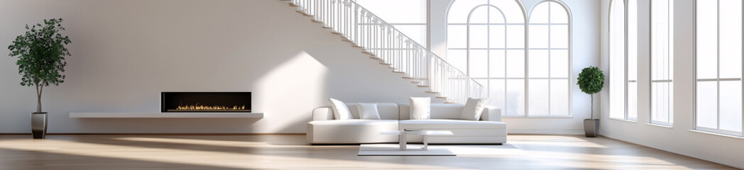 Fototapeta premium A large white living room with a fireplace and a white couch