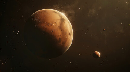 Naklejka premium A close-up of Mars with its two moons in the background, Phobos large and cratered, Deimos small and distant, both orbiting the red planet under a dark sky