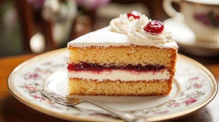 A classic sponge cake with layers of fruit jam and whipped cream, perfect for afternoon tea scenes