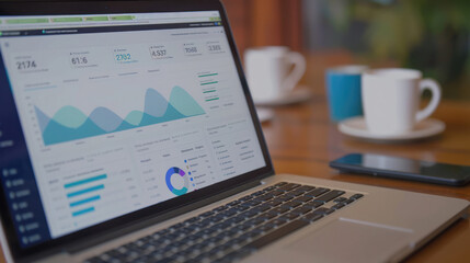 A close-up of a social media management dashboard on a laptop, showing a detailed content schedule, analytics, and engagement metrics, with a notepad and pen nearby