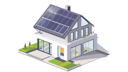 Isometric illustration of a modern eco-friendly house with solar panels, featuring contemporary design and sustainable technology.