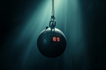 Image of a time bomb against dark background. Timer counting down to detonation illuminated in a shaft light shining through the darkness, conceptual image
