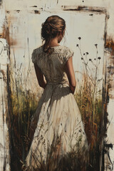 Obraz premium Vintage art of slavic girl in white dress on a field 