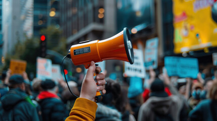 A close-up of a hand holding a megaphone, with a smartphone attached, live-streaming a rally as part of a broader social media activism effort, with banners in the background