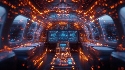 A futuristic holographic interface illuminates the interior of a travel pod, showcasing advanced flight booking options and a high-tech ambiance.