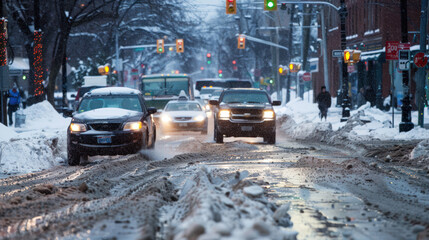 A busy city road during winter, with snow piled along the sidewalks, cars driving slowly through slush, and people bundled up against the cold