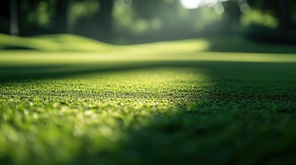 A close-up of a framed golf course with a blurred green background, highlighting the beauty of the fairway