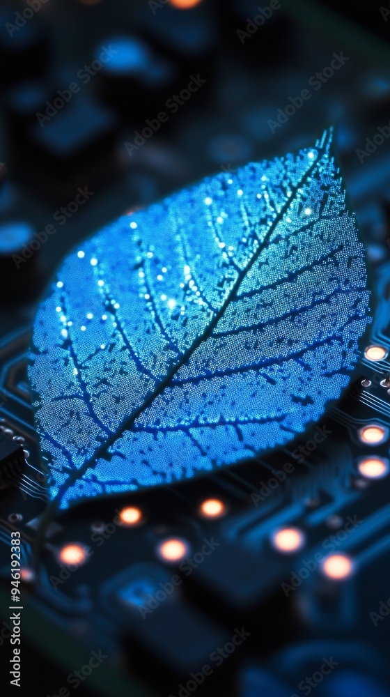 Wall mural Blue glowing leaf resting on circuit board symbolizing green technology