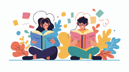 Professional Flat Vector Illustration of Reading and Listening Activities in Isolated White Background