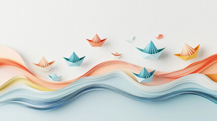 Colorful paper boats float on gentle waves, creating serene and whimsical scene. soft pastel colors evoke sense of calm and creativity.