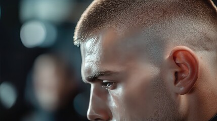 A close-up of a man with a high and tight military haircut, showcasing precision and sharpness