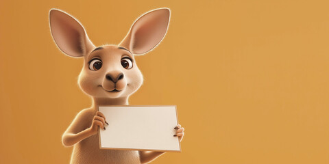 Cute kangaroo holding a blank white sign on a yellow background to the left, cheerful animal, advertising banner.
