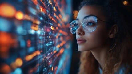 A young woman wearing glasses interacts with a holographic display, showing dynamic data visualizations in a dark, urban setting.
