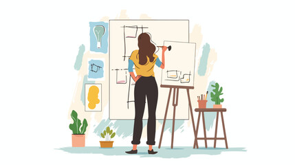 Professional Businesswoman Painting Construction Plan from Rear View