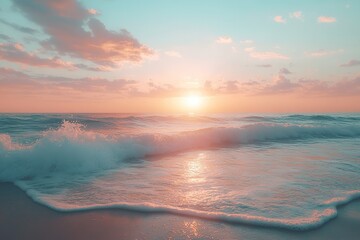A quiet, secluded beach at sunrise, with the waves gently lapping the shore and the sky ablaze with color