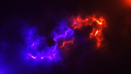 Epic cinematic purple and orange energy rays. Cosmic futuristic neon background. Outer space, thunderstorm of colorful neon lightnings. Confrontation concept, competition, opposites battle.