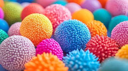Colorful textured balls create vibrant and playful atmosphere, evoking joy and curiosity.