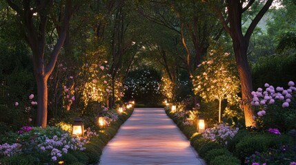 Illuminated Pathway Through a Romantic Garden