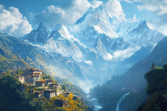 A remote mountain village nestled in a valley, surrounded by towering peaks and a deep blue sky