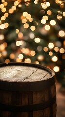 Empty wooden barrel with blurry christmas tree lights background