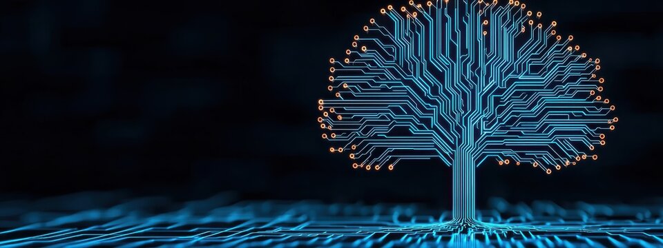 Technological tree with roots in traditional tools and branches leading to advanced AI, IoT, and cloud computing devices