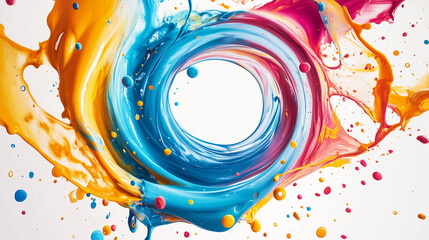 Obraz premium Abstrakcyjna kompozycja z ruchomymi, kolorowymi okręgami i płynącymi falami, które eksplodują na białym tle.