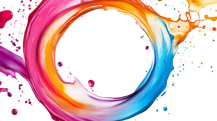 Obraz premium Abstrakcyjna kompozycja z ruchomymi, kolorowymi okręgami i płynącymi falami, które eksplodują na białym tle.