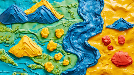 Colorful landscape created with modeling clay, featuring mountains, rivers, and landforms. vibrant colors evoke playful and creative atmosphere.
