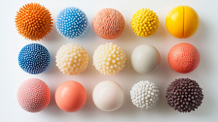 Colorful textured balls in various shapes and sizes create playful and vibrant display. arrangement showcases variety of materials and designs, evoking sense of fun and creativity.