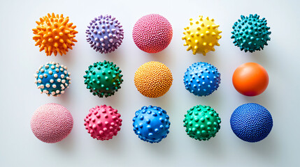 Colorful textured balls arranged in grid, showcasing various shapes and patterns. vibrant colors evoke playful and cheerful atmosphere.