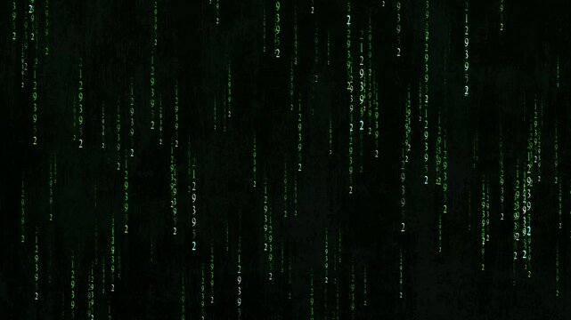Matrix digital binary code moving down. High-tech digital binary code in matrix style. Digital rain of bright green, changing numbers on a dark background. Matrix style code background - continuous lo