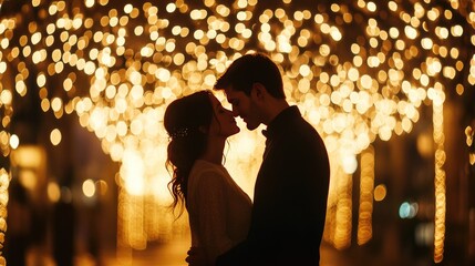 A couple sharing a kiss under a canopy of fairy lights, creating a dreamy and romantic setting