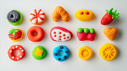 Colorful and playful assortment of clay food items, including donuts, fruits, and candies, evoking sense of fun and creativity.