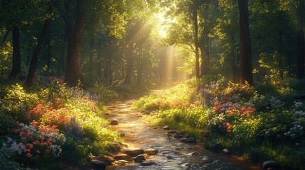 Obraz premium Tranquil woodland path beside a crystal-clear brook, rabbits hopping, birds singing, tall ancient trees providing shade, soft light filtering through -