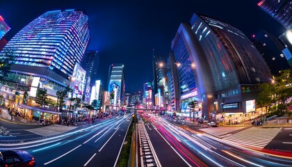 Wide-Angle Night View of Tokyo's Neon Streets in Downtown Shinjuku