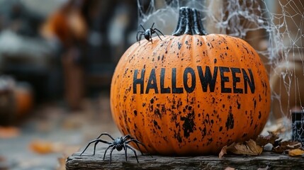 inscription "HALLOWEEN", web, spiders, pumpkin, white background