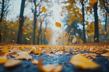 A serene autumn forest with golden leaves falling gently to the ground, creating a carpet of color