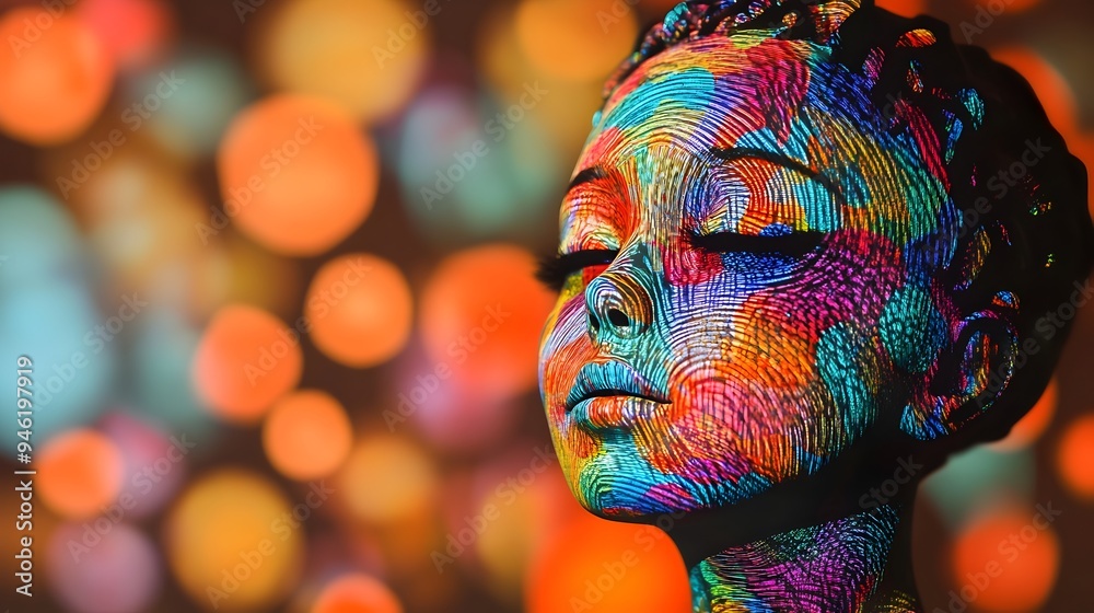 Poster a conceptual image of a doll with vibrant abstract patterns projected onto it almost making it blend
