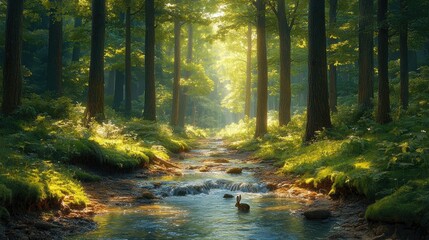 Obraz premium Tranquil woodland path beside a crystal-clear brook, rabbits hopping, birds singing, tall ancient trees providing shade, soft light filtering through -
