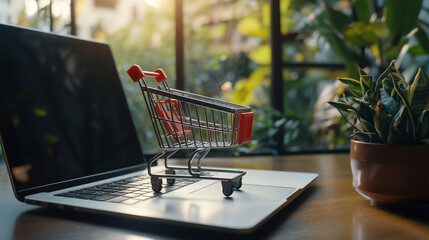 Wózek na zakupy w skali mini stoi przed laptopem, który wyświetla interfejs zakupowy. Ta wizualizacja podkreśla proces robienia zakupów online.