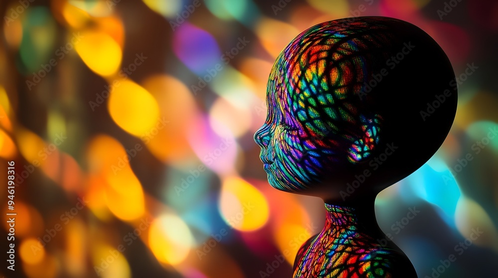 Poster a captivating conceptual image of a doll with vibrant abstract patterns projected onto it almost mak