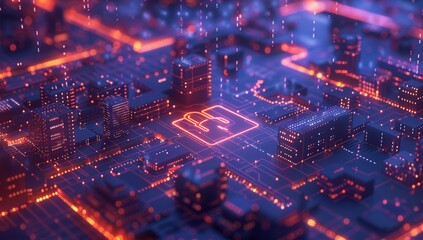 Fototapeta premium Smart City Security with Digital Map and Lock Icon. AI generated illustration