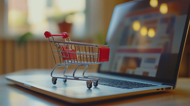 W&oacute;zek na zakupy w skali mini stoi przed laptopem, kt&oacute;ry wyświetla interfejs zakupowy. Ta wizualizacja podkreśla proces robienia zakup&oacute;w online.
