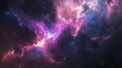 Fototapeta premium Kosmiczna scenka ukazująca rozległą galaktykę i barwną mgławicę. Wszechświat pełen jest żywych odcieni nieba oraz delikatnych świetlistych chmur.