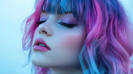 Fototapeta premium A close-up of a woman with vibrant, colored hair in shades of purple and blue, showcasing a bold and creative look