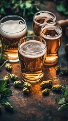 Four glasses of cold beer with hop cones on rustic surface